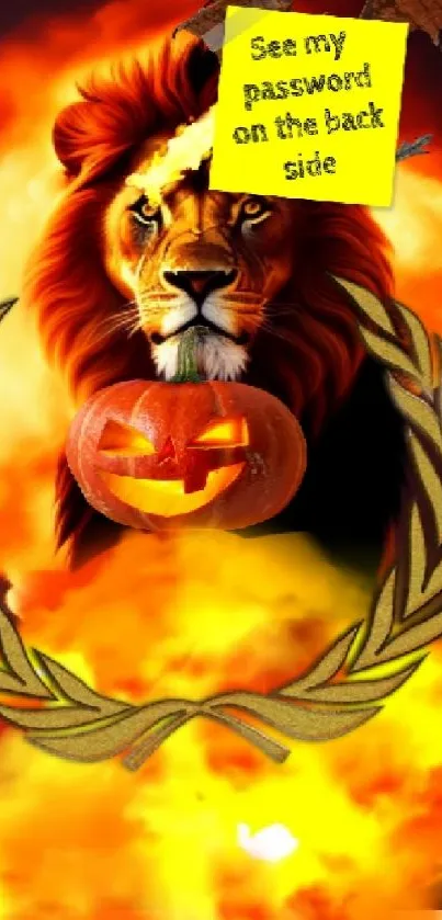 Lion and pumpkin amidst fiery clouds wallpaper.