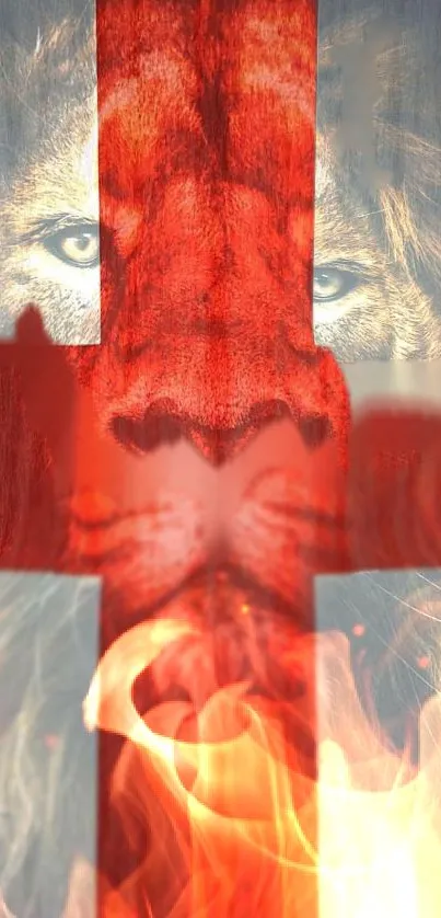 Lion face with red cross and fire on phone wallpaper.