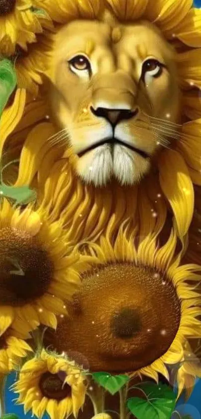 Majestic lion with sunflower mane in vibrant mobile wallpaper.