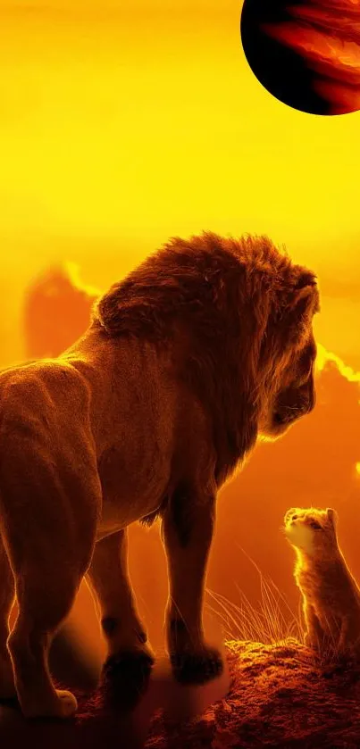 Majestic lion and cub under a golden sunset sky with a visible distant planet.