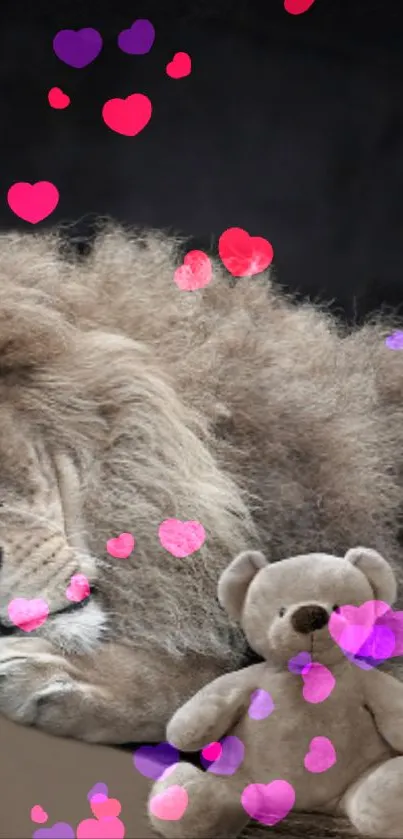 Lion resting with teddy bear and colorful hearts.