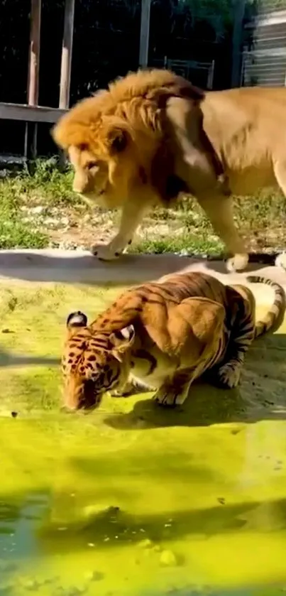 Lion and tiger at a vibrant watering hole.