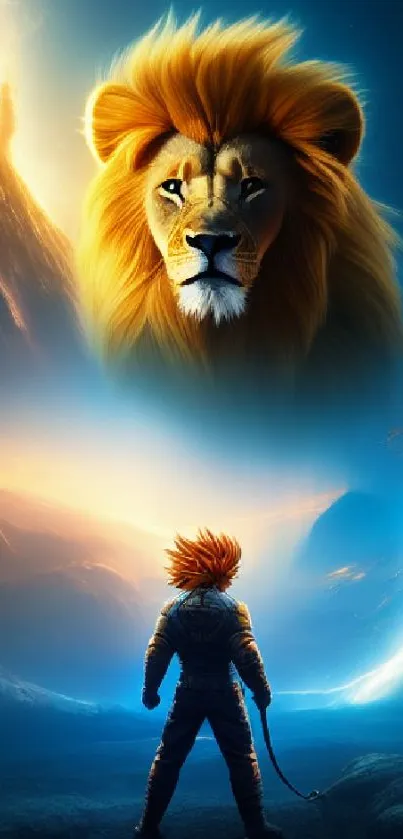 Lion watching warrior in fantasy landscape, vibrant and mystical.