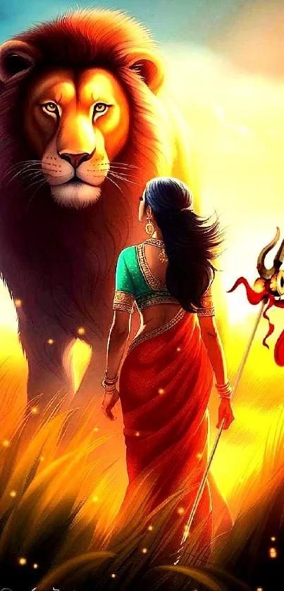 Woman standing with lion in a mystical golden landscape.