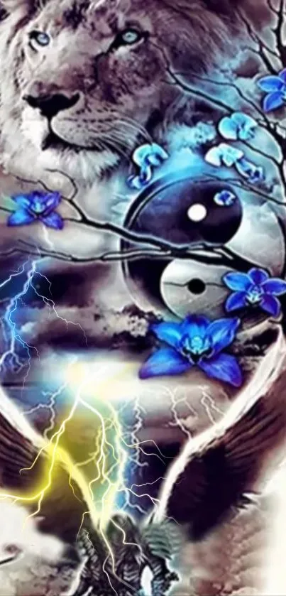 Lion and yin-yang with blue flowers and lightning mobile wallpaper.