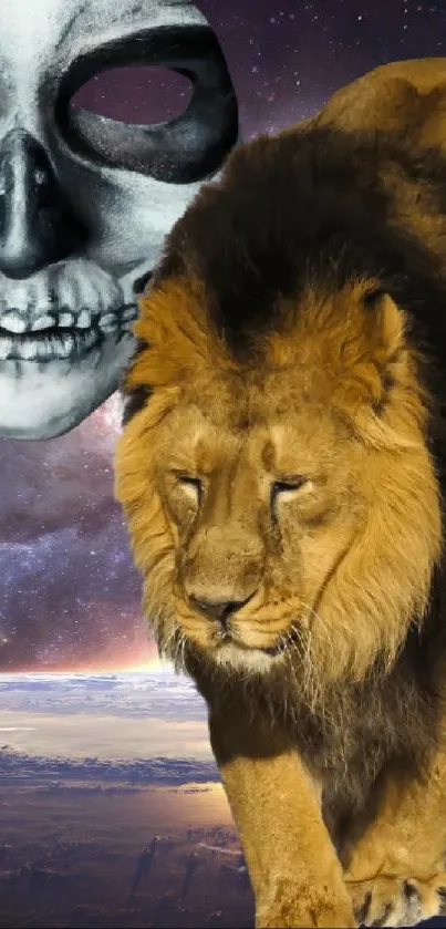 Cosmic-themed wallpaper with lion and skull art in space.