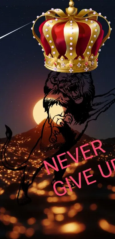 Crowned lion with sunset background and 'Never Give Up' text.