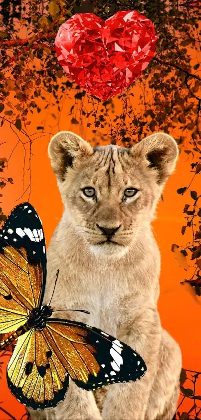 Lion cub, butterfly, and heart on orange background mobile wallpaper.