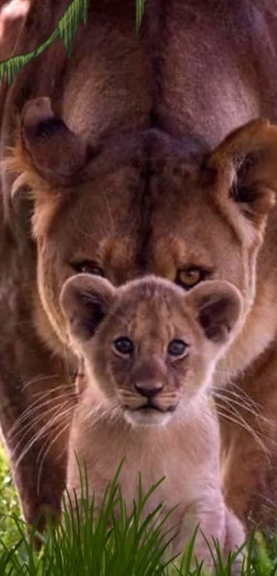 Lion cub with mother standing alert in nature.