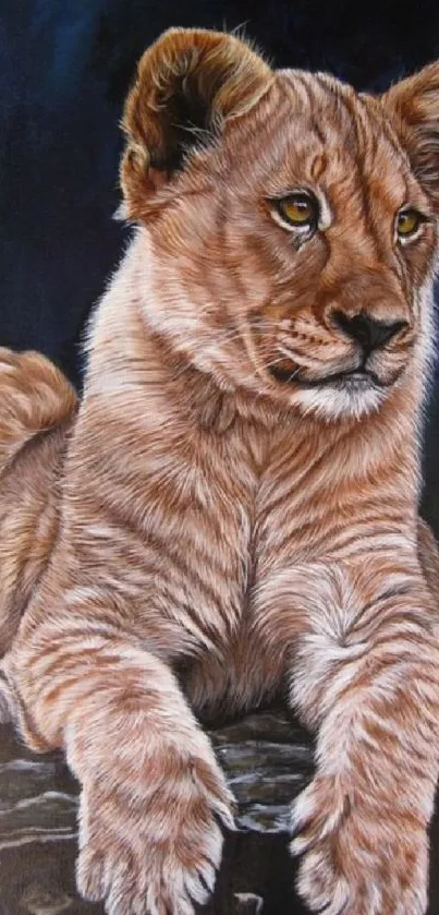 Realistic painting of a lion cub on a dark background.