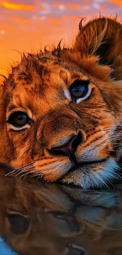Lion cub resting by water with sunset reflection.