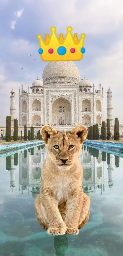 Lion cub with a crown in front of the Taj Mahal and reflection pool.