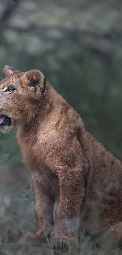 Lion cub sitting in a lush, green forest habitat.