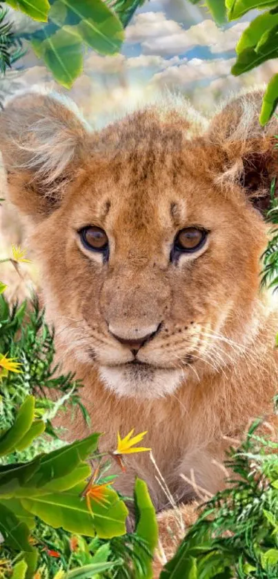 Lion cub amidst lush jungle foliage mobile wallpaper.