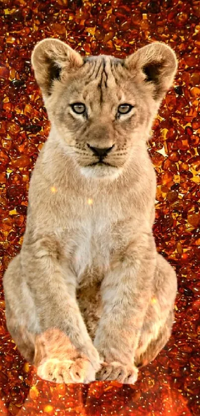 Lion cub on a fiery, vibrant amber stone background.