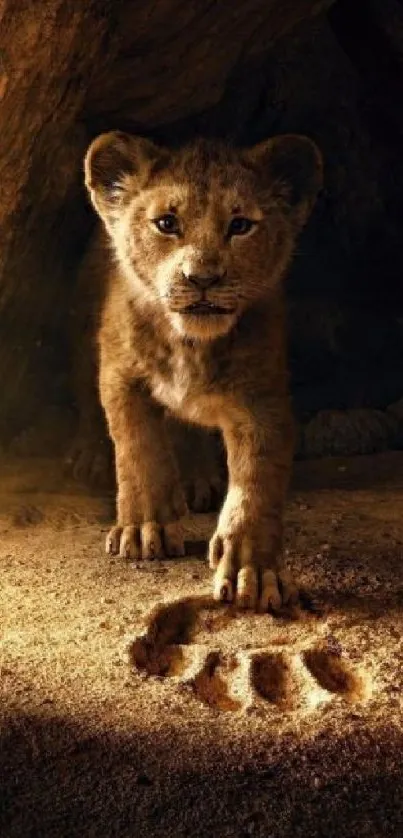 Lion cub in a sunlit cave with paw print on sandy ground.