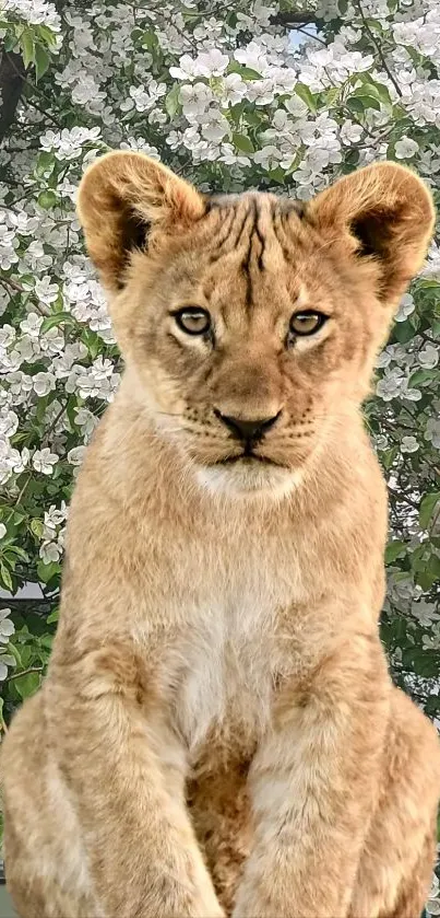 Lion cub stands among white blossoms in serene mobile wallpaper.