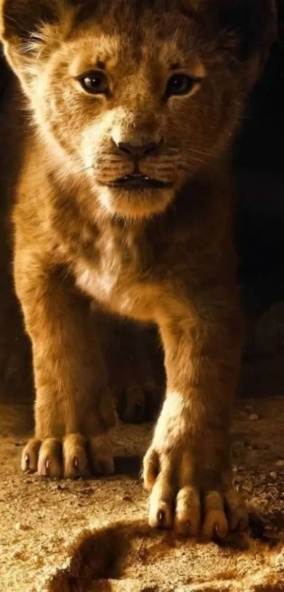 Lion cub steps next to paw print in golden light.