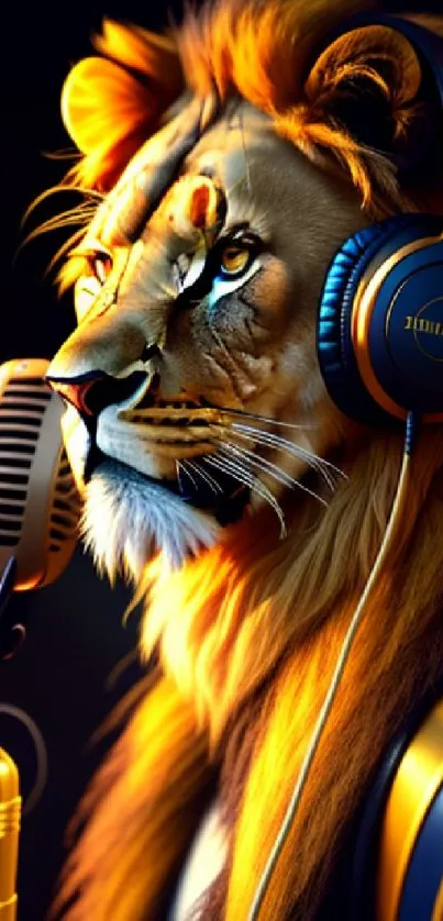 Lion wearing headphones and microphone in digital art.