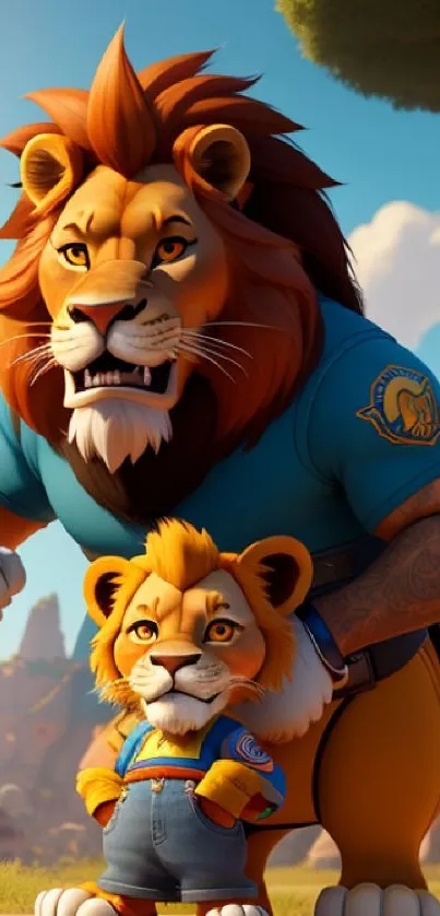 Cartoon lion father and cub in colorful scenic setting.