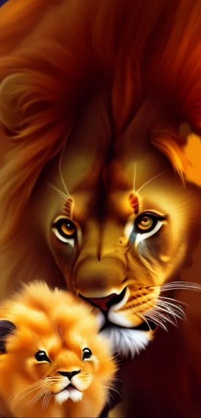 Artistic lion with cub in vibrant colors, perfect for a phone wallpaper.