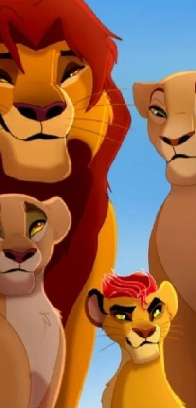 Animated lion family with vibrant colors.