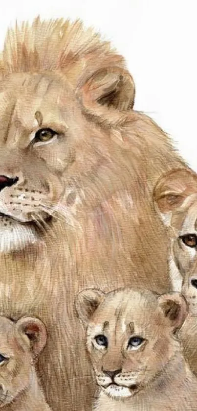 Illustrated lion family on mobile wallpaper.