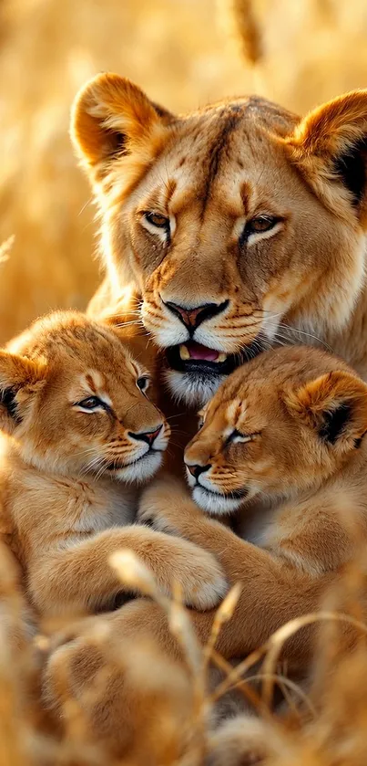 Lioness with two cubs in a golden field.