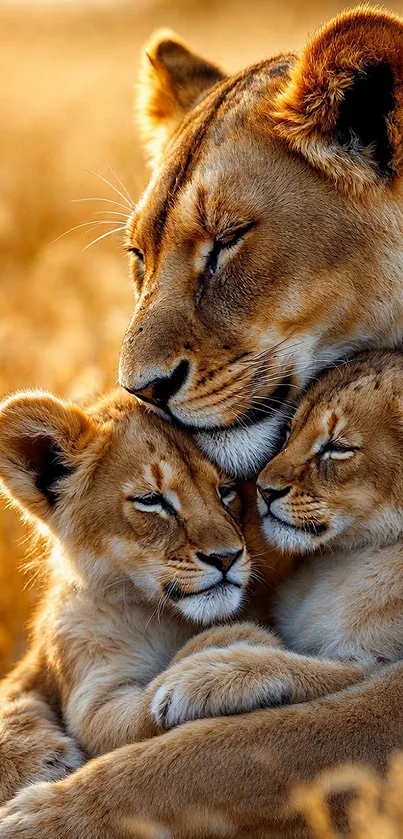 Lioness lovingly embraces her two cubs in a golden savannah setting.