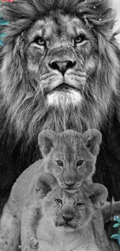 Black and white wallpaper of lion and cubs in a majestic pose.