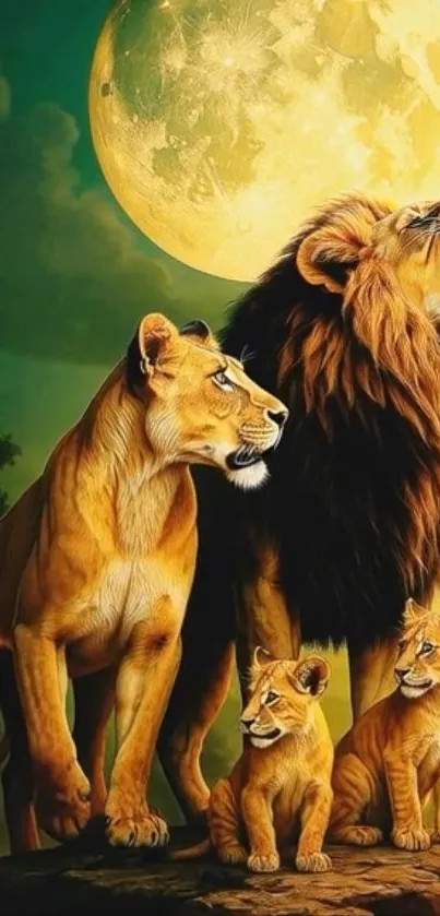 Lion family standing beneath a full moon.