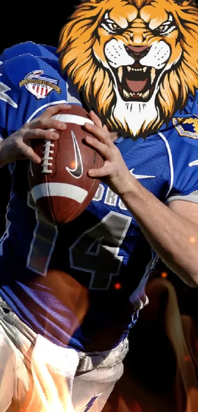 Lion-headed athlete holding a football against a dark background.