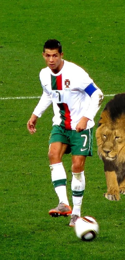 Fantasy wallpaper with footballer and lion on a grassy field.