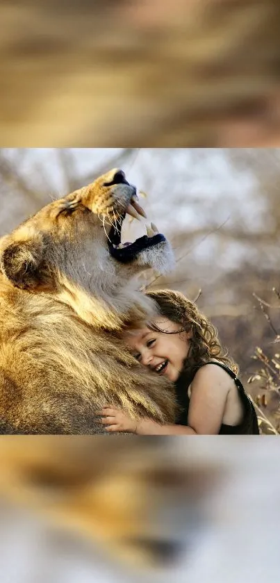 Lion and child enjoying a joyful natural bond in tranquil setting.