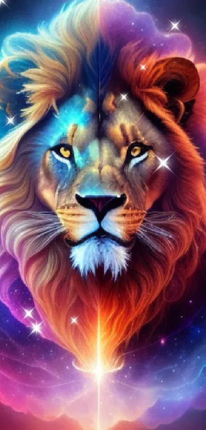 Majestic lion in a vibrant galaxy setting, blending art and cosmic elements.