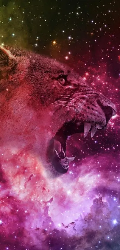 Roaring lion with purple galaxy background.