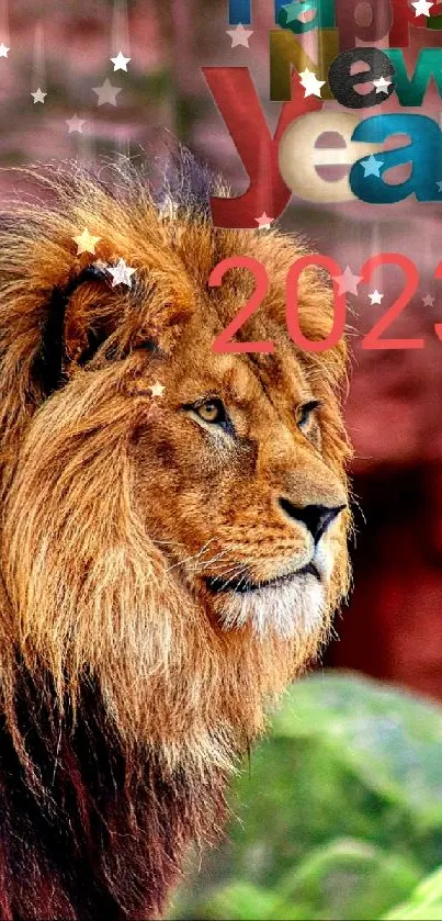 Majestic lion with 'Happy New Year 2023' text.