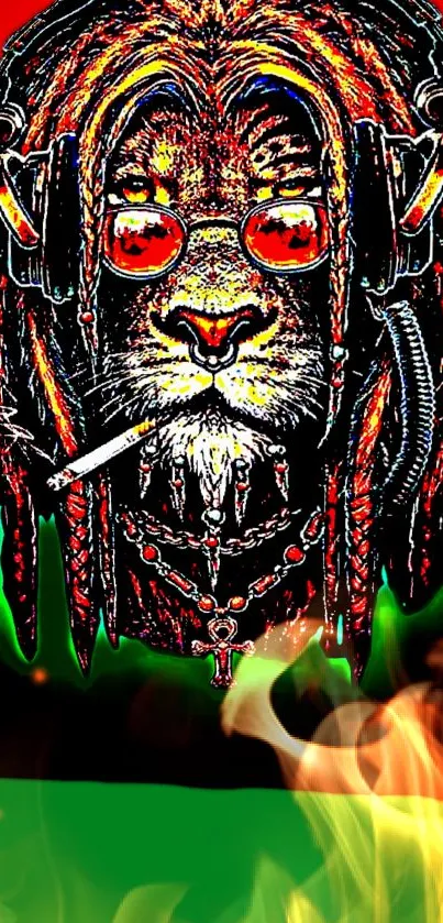 Lion with headphones and sunglasses on reggae-themed wallpaper design.