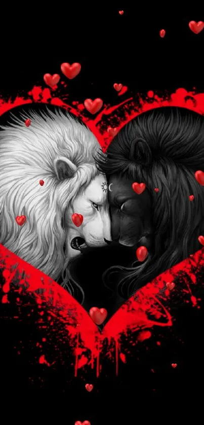 Black and white lions in red heart background.