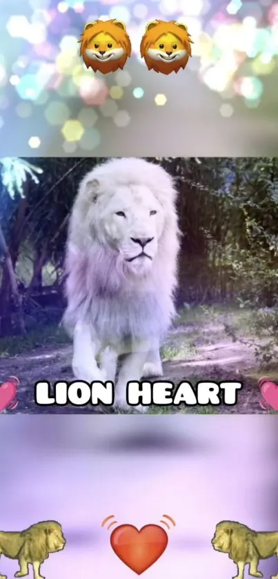 White lion stands majestically in forest with heart and lion icons.