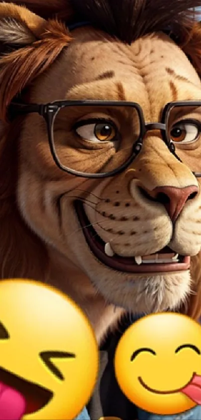 Lion cartoon character with glasses and emojis, vibrant mobile wallpaper.