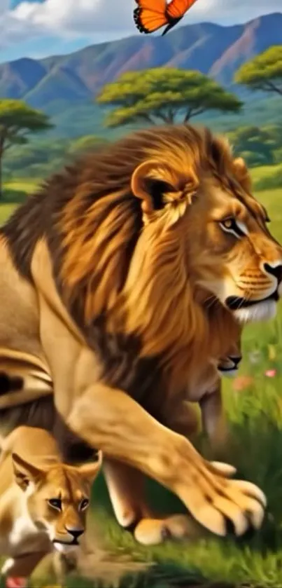 Lion and cubs in African savannah wallpaper.