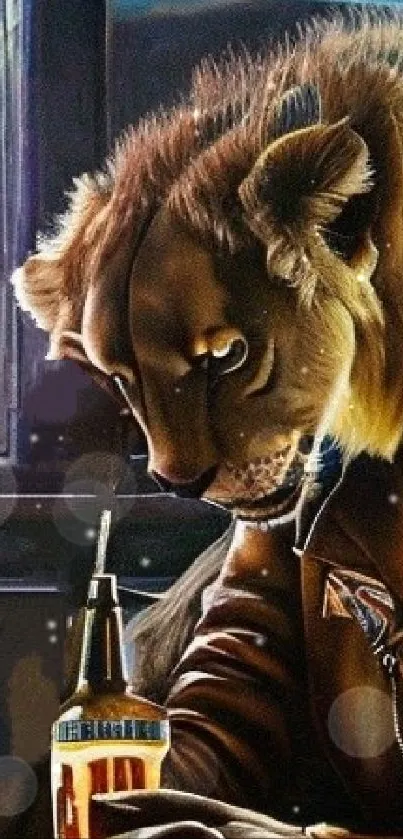 Lion in leather jacket in a vintage cafe setting.