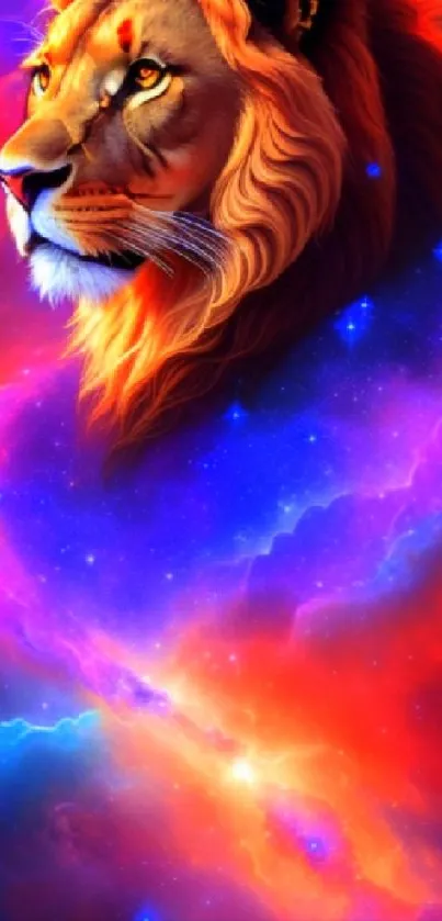 Vibrant lion head in colorful cosmic nebula art.