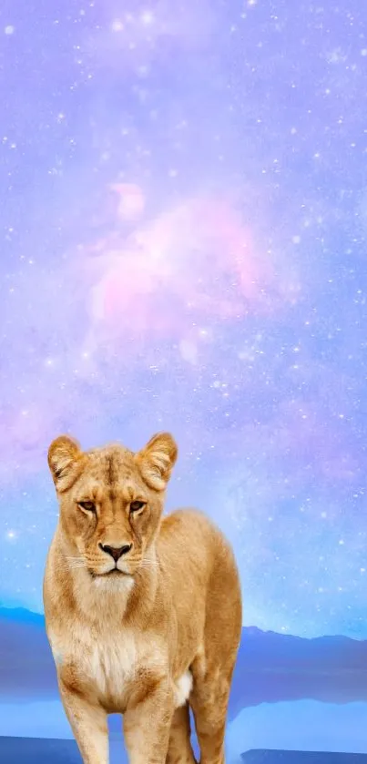 Lion standing in front of a cosmic star-filled sky wallpaper.