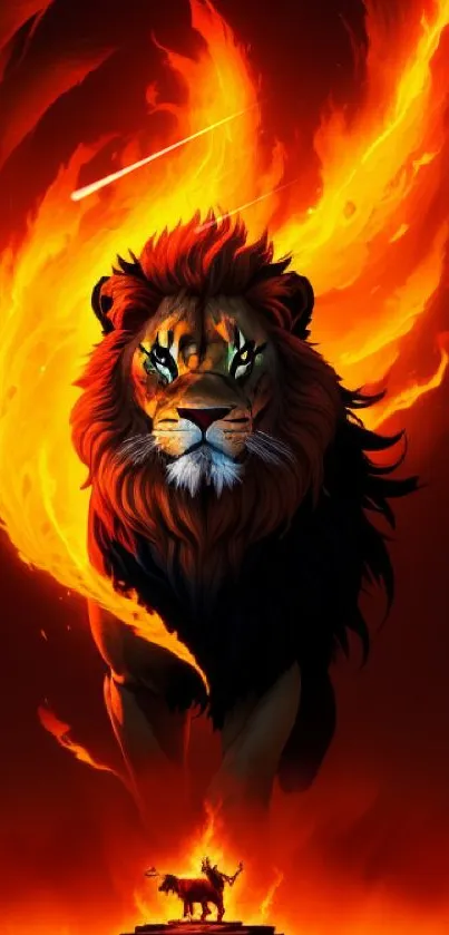 A majestic lion with fiery flames dominating a dark background.