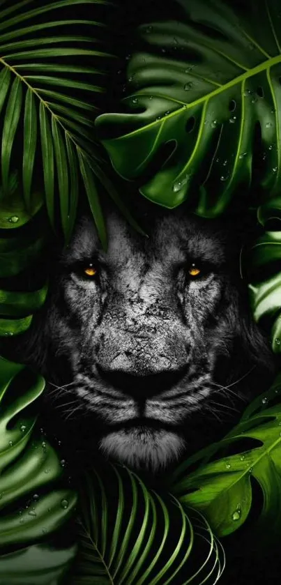 Lion hidden in green jungle leaves wallpaper.