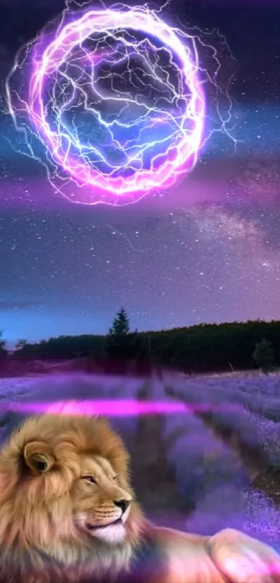 Lion resting in lavender field beneath a starry night sky with cosmic circle.