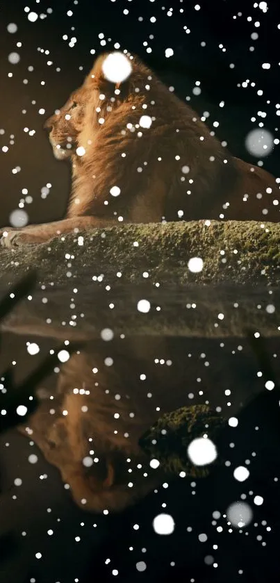 Majestic lion sits surrounded by falling snow at night.