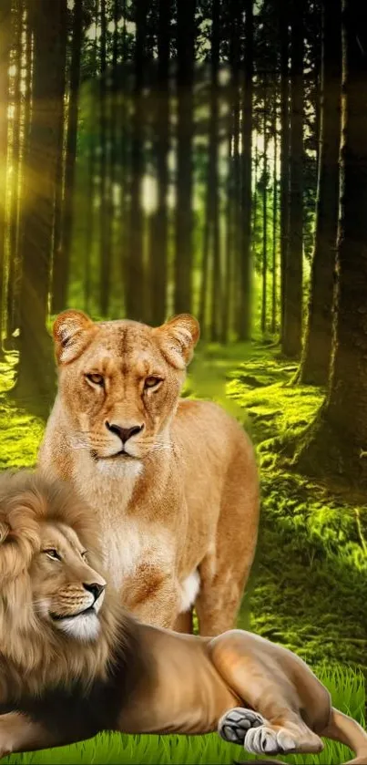 Lion stands in a sunlit forest with green foliage.